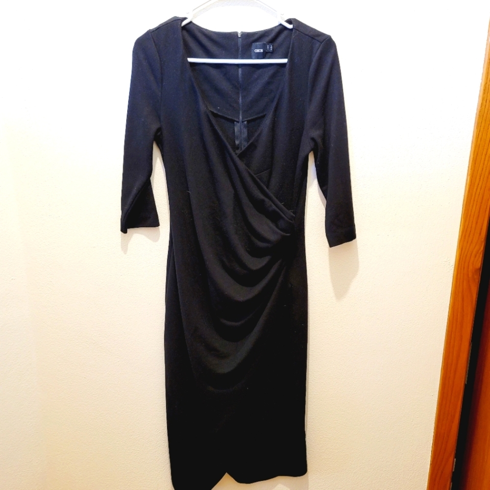 ASOS Women's 3/4 Sleeve Fitted Midi Faux-Wrap Dress, Black, Size 12